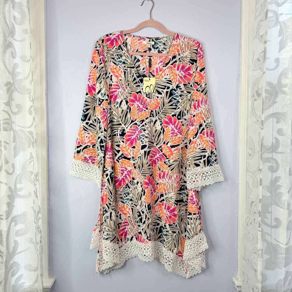 NWT! Amelia NY 3/4 sleeve pink orange lace trim tunic top size large